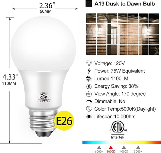 Dusk to Dawn LED Outdoor Light Bulb, 75 Watt Equivalent, 9W 1100 Lumens, 5000K Daylight LED Light Bulbs, E26 Base, Automatic On/Off Sensor Light Bulb for Porch, Hallway, Garage, ETL Listed, 4-Pack