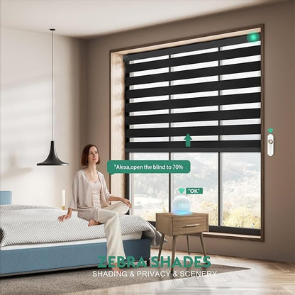 Motorized Zebra Blinds with Remote, Work with HomeKit Alexa Automatic Electric Window Shades 95% Blackout Light Filtering for Smart Home and Office, Customized Size Equinos Black