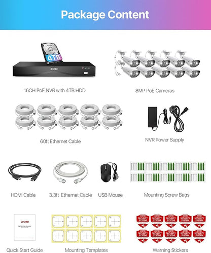 ZOSI 24CH 4K PoE Security Camera System, 10pcs 4K Outdoor PoE Wired Cameras, Face/Person/Vehicle Detection, 2 Way Talk, Spotlight Siren, 16 Port 24CH 8MP Dual-Disk NVR with 4TB HDD for 24/7 Recording