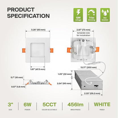 ASD 12 Pack LED Square Recessed Lighting 3 Inch, 5 CCT 2700K-5000K CRI90+, 6W 30W Eqv, Ultra Thin Dimmable Ceiling Lights with J Box, Canless Wafer Downlight, Slim Panel Light, UL Energy Star, White