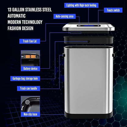 pouseayar Smart Automatic Trash Can with Lid 13 Gallon, Stainless Steel Thickened Body & Super Mute Sensor Lid with 30 Count Garbage Bags for Kitchen Office Bedroom Waste Bin and More - Silver