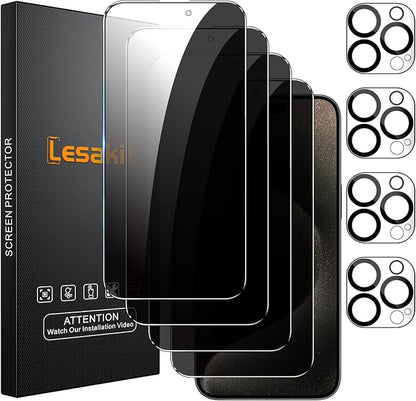Lesakit 4+4 Pack Privacy Screen Protector for iPhone 15 Pro Max 6.7-Inch with 4 Pack Camera Lens Protector, Anti Spy Tempered Glass Film 9H Hardness Case Friendly