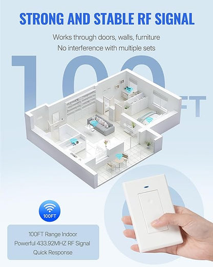 Wireless Light Switch and Receiver Kit, WILAWELS Remote Wall Switches Lighting Fixture, No Wiring, Programmable, 100FT RF Range, 1 Remote Switch for 2 Receivers for Ceiling Light, Fan, Lamp W06RC1206