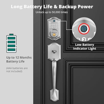 AkaGear DS10 Pro Keyless Entry Door Lock Deadbolt with Handle Set, Smart Front Door Locks Set, Electronic Keypad, Fingerprint Door Lock, Bluetooth, Auto-Lock, APP Control, Code Unlock, Satin Nickel