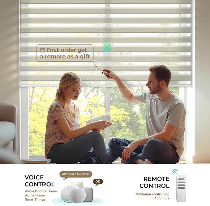 HeyBlinds Motorized Zebra Blinds with Remote, Smart Cordless Electric Zebra Shades for Indoor Windows Compatible with Alexa Google & Homekit, Custom Size (Wool-Cream LF)