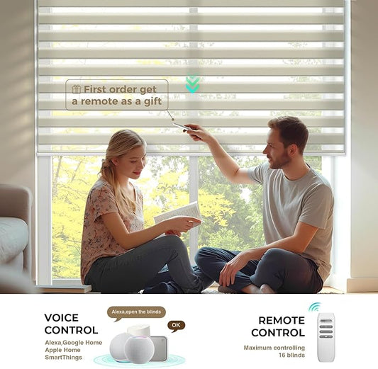 HeyBlinds Motorized Zebra Blinds with Remote, Smart Cordless Electric Zebra Shades for Indoor Windows Compatible with Alexa Google & Homekit, Custom Size (Wool-Cream LF)