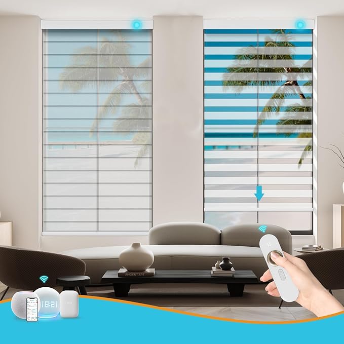 Motorized Zebra Blinds with Remote, Work with HomeKit Alexa, Smart Light Filtering Horizontal Automatic Electric Window Shades for Home Office Customsize(55% Blackout Treebark White)