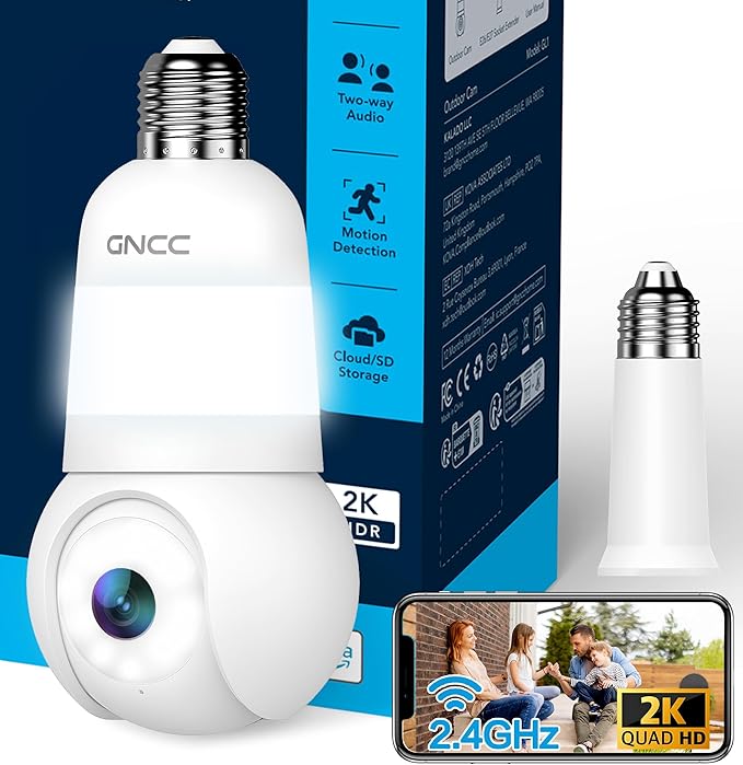 GNCC 2K Light Bulb Security Camera, 2.4GHz Only, 355° Wireless Outdoor Camera, Full-Color Night Vision, Motion Detection, Easy Install, Local & Cloud Storage Requires Subscription (1-Pack, White)