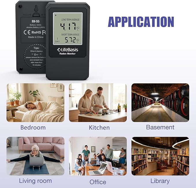 LifeBasis Radon Detector, Radon Test for Home with Long and Short Term Radon Meter, Home Radon Gas Monitor US Version-pCi/L (Update Version, Matte Black)