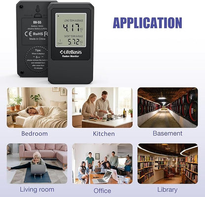 LifeBasis Radon Detector, Radon Test for Home with Long and Short Term Radon Meter, Home Radon Gas Monitor US Version-pCi/L (Update Version, Matte Black)