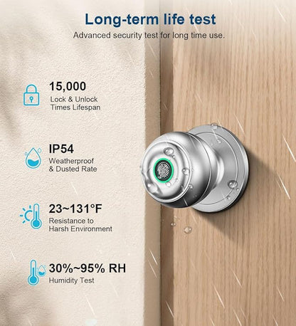 KLLOQUE Fingerprint Door Lock, Smart Fingerprint Door Knob with Lock, Biometric Door Locks with App Control & Key, Keyless Thumbprint Entry Door Locks for Bedroom, Front Door, Home, Apartment-Silver