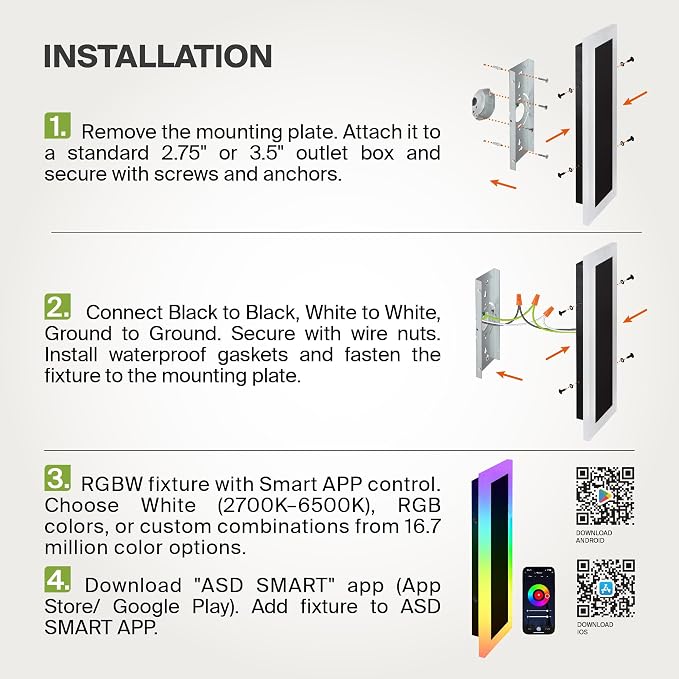 ASD LED 24" Long Wall Mount Light Fixture, Outdoor & Indoor Linear Sconce | RGBW, Smart, Waterproof, Anti-Rust, ETL Listed | 18W 1000LM 2700-6500K 100-277V | Exterior Porch Lighting | Black