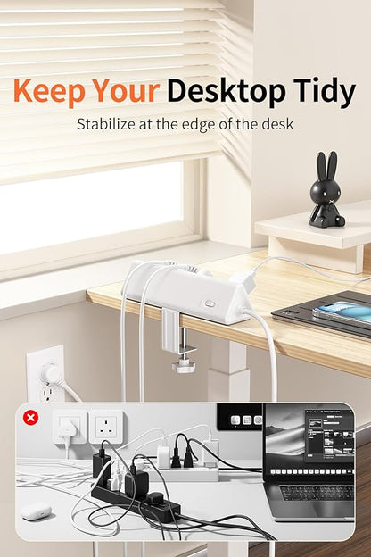 10 FT Desk Clamp Power Strip with 5 AC Outlets & 6 USB Ports PD 40W USB-C Fast Charging, 1250J Surge Protector, Fits 2.1 in top Edge White