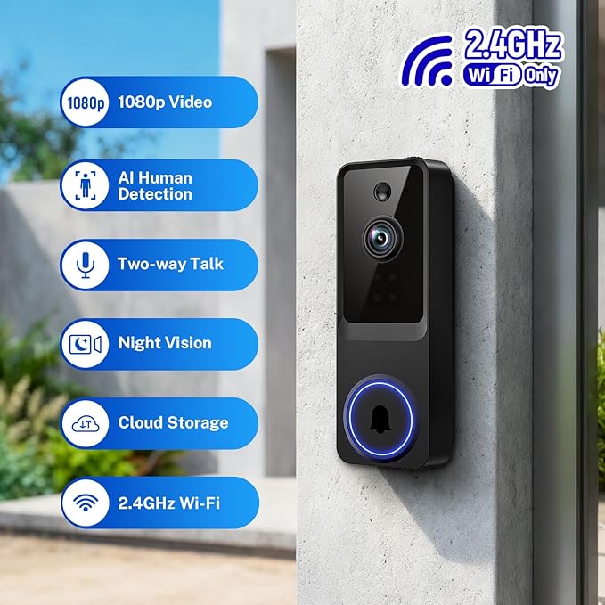 SoraNari Wireless Video Doorbell Camera,1080P FHD, Motion Detection, Two-Way Audio, Night Vision, Cloud Storage, Battery Powered, 2.4GHz Wi-Fi Only, Indoor Outdoor Surveillance