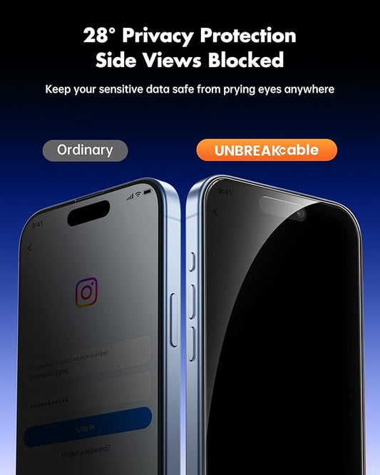 UNBREAKcable Privacy Screen Protector for iPhone 17, Shatterproof Tempered Glass [True 28°Anti Spy] [9H Hardness] [Easy Installation Frame] Private Protector for iPhone 6.3inch-2 Pack