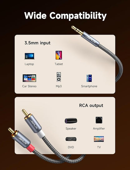 JSAUX RCA to 3.5mm Cable 6.6ft, 2RCA Male to Aux Audio Adapter HiFi Sound | RCA to Aux, Auxiliary 1/8 to RCA Cord Headphone Jack Y Splitter Nylon Braided for Smartphones, MP3, Tablets, Speakers, HDTV