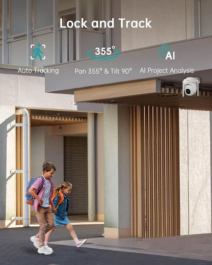 ZUMIMALL 3MP Outdoor Camera Wired 2.4G/5G WiFi - 2-Pack, 24/7 Recording, AI Motion Detection, Cloud & SD Card Storage, 2-Way Audio, PTZ Camera Auto Tracking, Compatible with Alexa Google