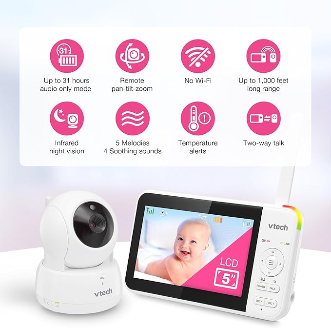VTech VM924 5" Pan Tilt Zoom Video Baby Monitor – No WiFi, 17 Hour Battery, 1000ft Range, Night Vision, Lullabies, Temperature Sensor & 2-Way Talk – Ideal for New Parents