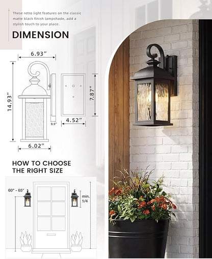 FEMILA Dusk to Dawn Exterior Wall Sconce, 15" Front Porch Light Fixtures Wall Mount for Patio, Garage, Garden, UL Listed, Matte Black Water Ripple Glass, 4FD54B-PC BK-WP