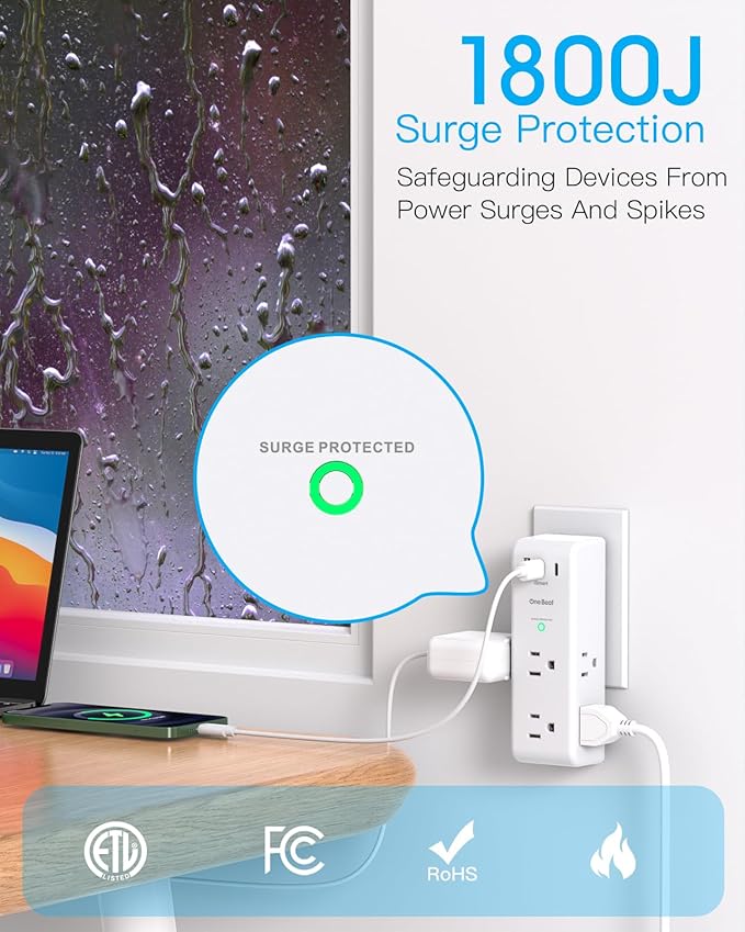 Surge Protector Outlet Extender with Rotating Plug, 6 AC Multi Plug Outlet with 3 USB Ports (2 USB C), 1800 Joules, 3-Sided Swivel Power Strip with Spaced Outlet Splitter for Home, Office, Dorm, White