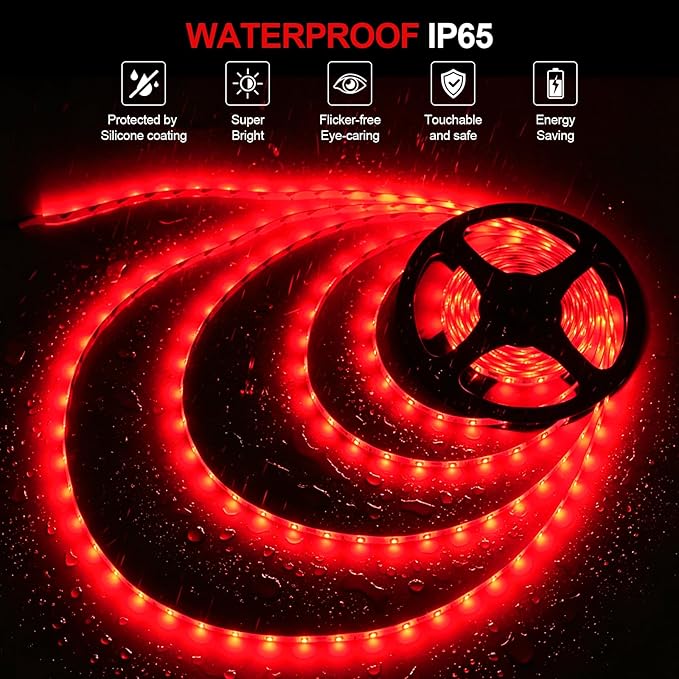 Red LED Strip Light 16.4ft – Dimmable, Waterproof, Flexible & Cuttable – 12V UL Listed Adapter – 3M Tape – DIY for Bedroom, Party, Bar, Festival