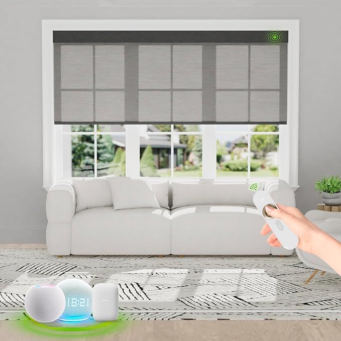 Motorized Blinds with Remote [Light Filtering] Smart Blinds Compatible with Alexa Google HomeKit, 50% Blackout Automatic Roller Shades for Indoor Windows, Customized Size, Mist Nightfall