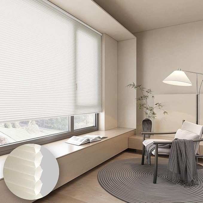 Cellular Shades Light Filtering Honeycomb Blinds for Indoor Windows, Cordless Cellular Shades 1.5 inch Cell Pleated for Bedroom Home Office, Custom Size, Half Shading Soft Pearl