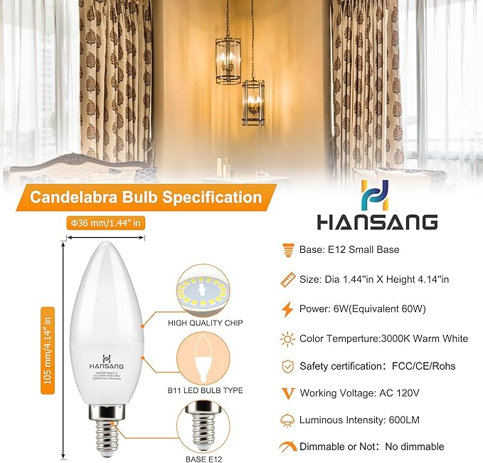 E12 LED Candelabra Bulbs 3000K Soft White 6W 60Watt Equivalent, B11 Ceiling Fan Light Bulbs Small Base, C37 Type B Light Bulb for Chandelier, 600 Lumen, Non-dimmable, 6 Pack