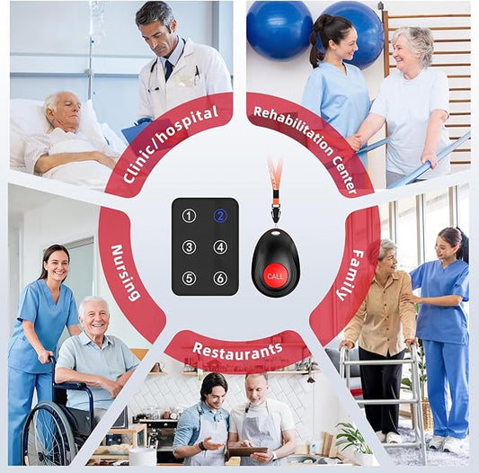 CallToU Wireless Call Button Caregiver Pager Nurse Call System for Elderly /Patients at Home /Hospital with Voice Announcements and LED Number Display (6 Waterproof Call Button & 1 Receiver)