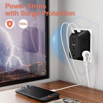 USB Wall Charger Electrical Outlet Extender, Surge Protector, 6 Outlet Splitter with 4 USB Outlet (2USB A, 2USB C) 4-Sided 1050J Power Strip Multi Plug Adapter for Home Office Travel