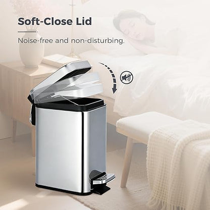 Sineng 1.6 Gallon Stainless Steel Slim Rectangular Pedal Trash Can with Soft Close Lid,Space-Saving Waste Bin for Bathroom,Bedroom,Durable Pedal Step Trash can,Compact Trash bin