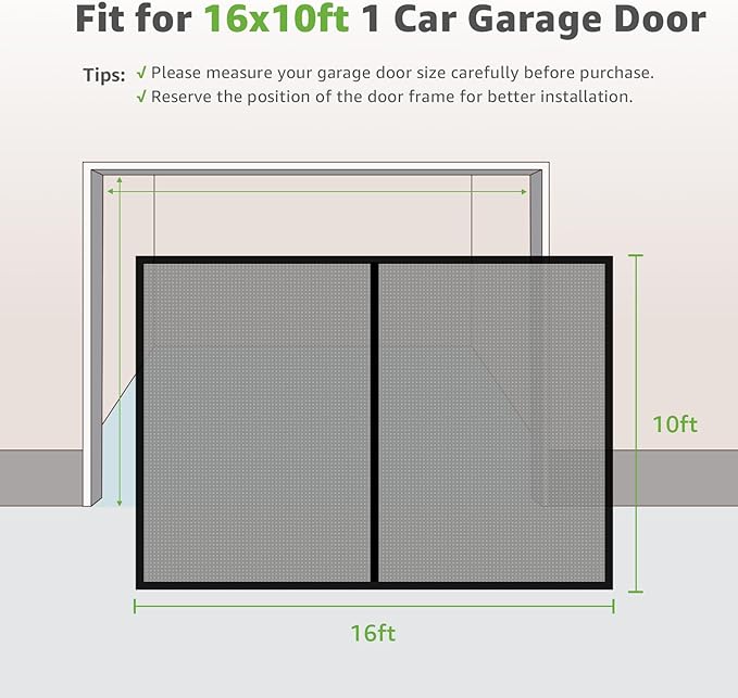 Garage Door Screen for 1 Car, 2 Car Garage, Magnetic Closure Heavy Duty Weighted Bottom Fiberglass Mesh Keep Annoying Animal Out (Black, 16 ft x 10 ft)