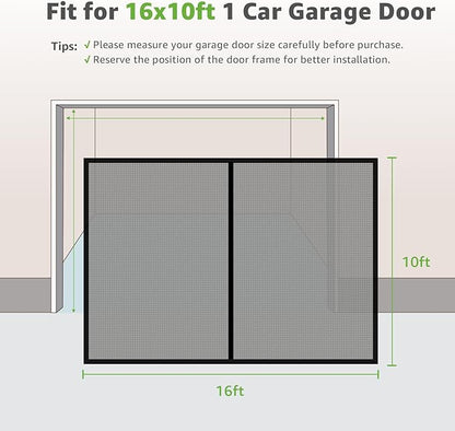 Garage Door Screen for 1 Car, 2 Car Garage, Magnetic Closure Heavy Duty Weighted Bottom Fiberglass Mesh Keep Annoying Animal Out (Black, 16 ft x 10 ft)