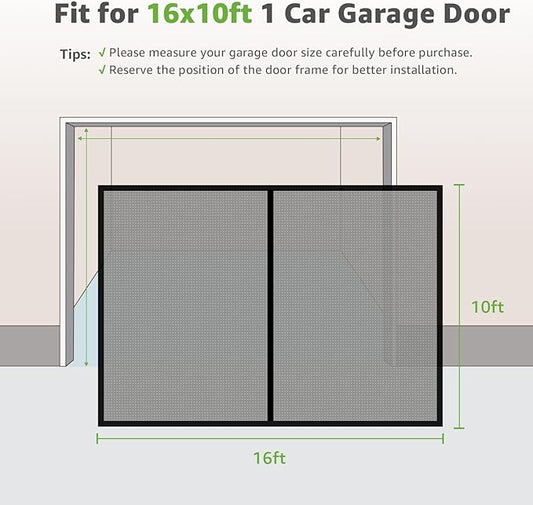 Garage Door Screen for 1 Car, 2 Car Garage, Magnetic Closure Heavy Duty Weighted Bottom Fiberglass Mesh Keep Annoying Animal Out (Black, 16 ft x 10 ft)