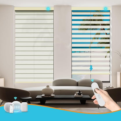 Motorized Zebra Blinds with Remote, Work with HomeKit Alexa, Smart Light Filtering Horizontal Automatic Electric Window Shades for Home Office Customsize（90% Blackout Ivory White）