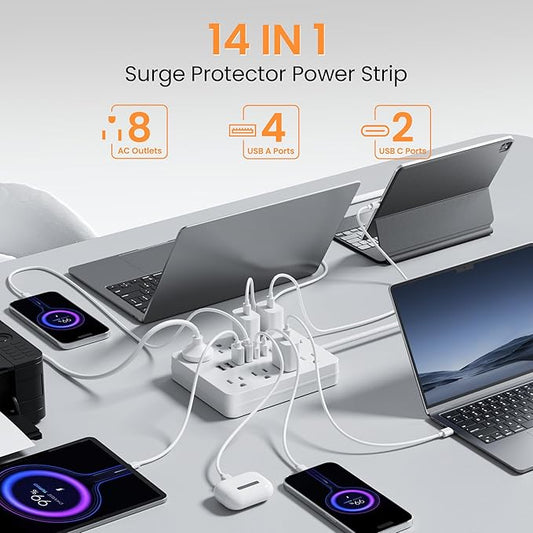 Surge Protector Power Strip - 8 Outlets(1850W/15A/14AWG) 4 USB A（2 USB C, 10FT Flat Plug Extension Cord, Wall Mount Multi Plug Outlet Extender, ETL Listed for Home, Dorm Room