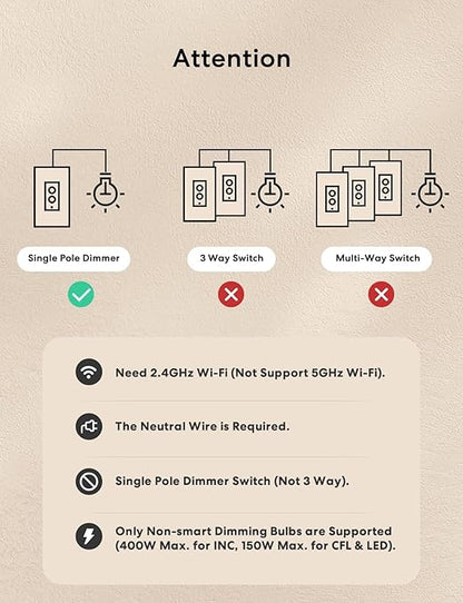 meross Smart Dimmer Switch Single Pole Supports Apple HomeKit, Alexa Google Assistant & SmartThings, 2.4GHz WiFi Light Switch for Dimmable LED, Neutral Wire Required, Remote Control Schedule, 1 Pack