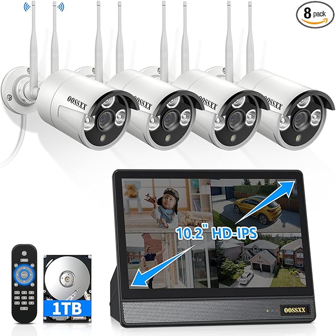 (2026 Update) Wireless WiFi Outdoor Security Camera System, IP67 Waterproof Dual Antenna Cameras, Audio Recording, Night Vision, No Monthly Fee, Home NVR System