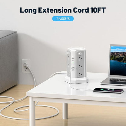 PASSUS PD 65W USB C Fast Desktop Charging Station, Tower Power Strip Surge Protector with 12 Widely Spaced AC Outlets|4 USB C|1 USB A, 10FT Extension Cord Overload Protection for Home Office Dorm