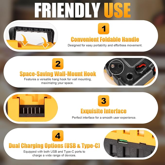 4 Port Battery Charger Fits for Dewalt 12V 20V Max Lithium Battery, DCB104 | Multi Battery Charging Station with USB Ports, Fits for Dewalt Lithium Batteries for Jobsite, Workshop and Home Garage Use
