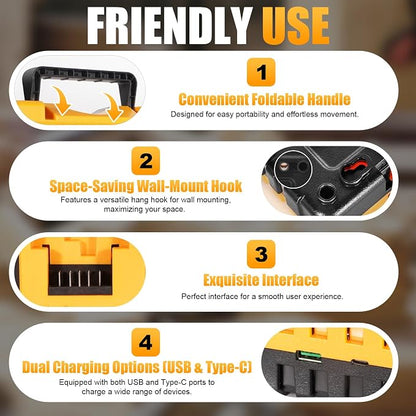 4 Port Battery Charger Fits for Dewalt 12V 20V Max Lithium Battery, DCB104 | Multi Battery Charging Station with USB Ports, Fits for Dewalt Lithium Batteries for Jobsite, Workshop and Home Garage Use