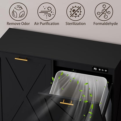 Double Tilt Out Trash Can Cabinet, Wooden Farmhouse Kitchen Garbage Bin Enclosure with Negative Ion Odor Control, Hidden Dog Proof Trash or Laundry Basket Storage for Laundry Room, Black