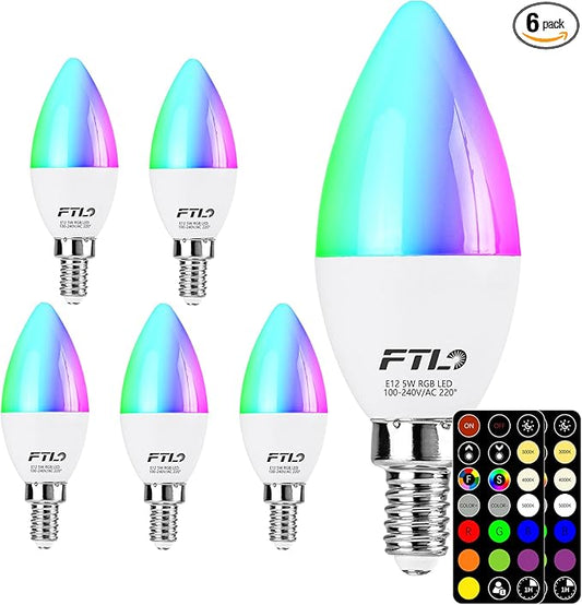FTL E12 LED Color Changing Candelabra Light Bulb with Remote Control,5W 40W Equivalent,2700K-6000K Colored Light Bulbs, Dimmable 30 Colors B11 RGB Candle Light Bulbs for Chandelier Lighting, 6-Pack