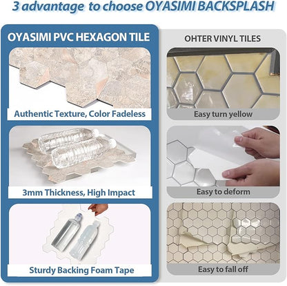 10-Sheet Hexagonal Peel and Stick Backsplash, Seamless Design Beige Stone Kitchen Backsplash Wall Tiles, Stone Surface Waterproof Stick on Tile for Bathroom, RV, Fireplace