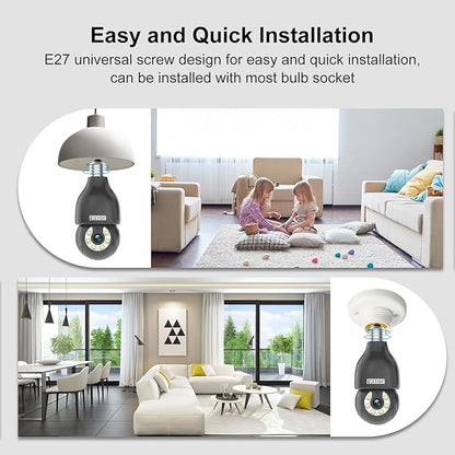 EVERSECU HD 2K 3.0MP Wireless Light Bulb Security Camera with E27 Light Connector, Motion Auto Tracking, 2 Way Audio, Spotlight Night Vision, Free APP, WiFi Screw-in CCTV Camera, Black(4pack)