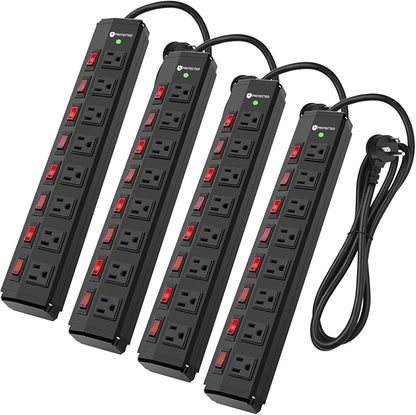 4PCS 8 Outlet Heavy Duty Power Strip with 8 Individual Switches,Moutable Metal Power Strip Surge Protector 1200 Joules,6FT 14AWG Extension Cord,15A 1800W 125V 60Hz