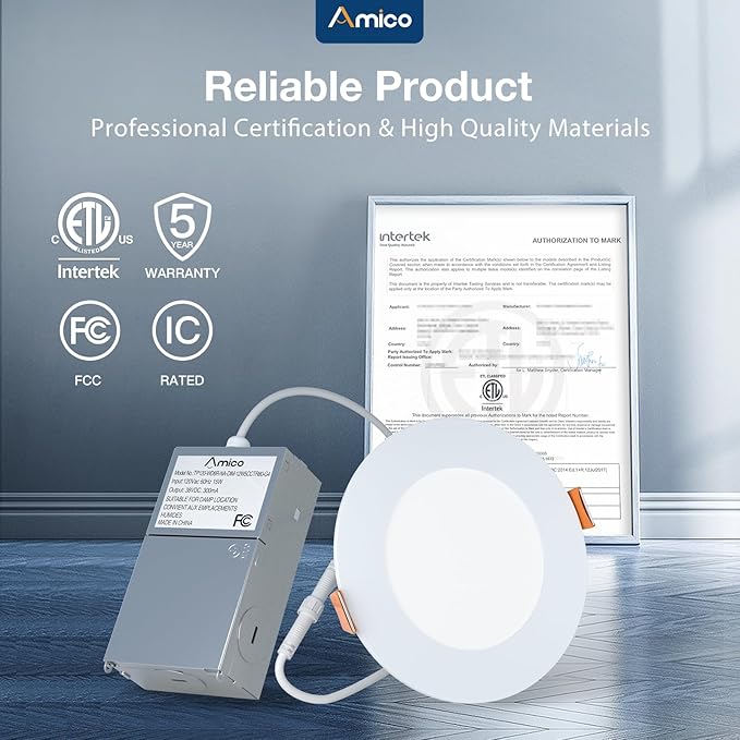 Amico 36 Pack 4 Inch 5CCT Ultra-Thin LED Recessed Ceiling Light with Metal Junction Box, 2700K/-5000K Selectable, 10W Eqv 60W, 800 LM, Dimmable High Brightness Downlight - ETL&FCC