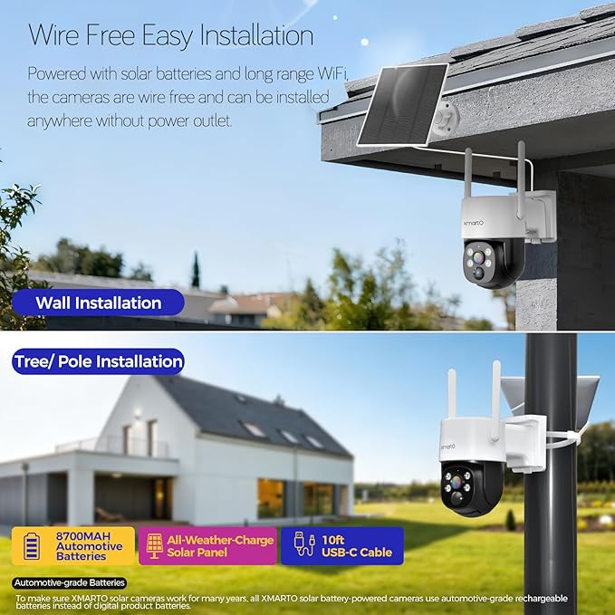 XMARTO 0-Light Night Color Solar Security Camera System, 2K HD Wireless PTZ, AI Tracking, WiFi6 Long Range, 10CH Expandable 4K NVR with 1TB HDD, HDMI Monitor/TV View, Mobile Access, 0 Monthly Fee