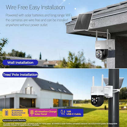 XMARTO 0-Light Night Color Solar Security Camera System, 2K HD Wireless PTZ, AI Tracking, WiFi6 Long Range, 10CH Expandable 4K NVR with 1TB HDD, HDMI Monitor/TV View, Mobile Access, 0 Monthly Fee