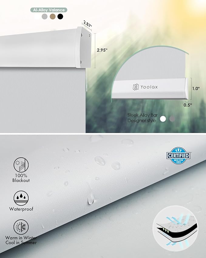 Yoolax Motorized Shower Roller Shades for Bathroom with Remote Control, Automatic Heavy Duty Thick Fabric Shower Curtain Compatible with Alexa, Blackout Battery Solar Powered Blind Custom (White)